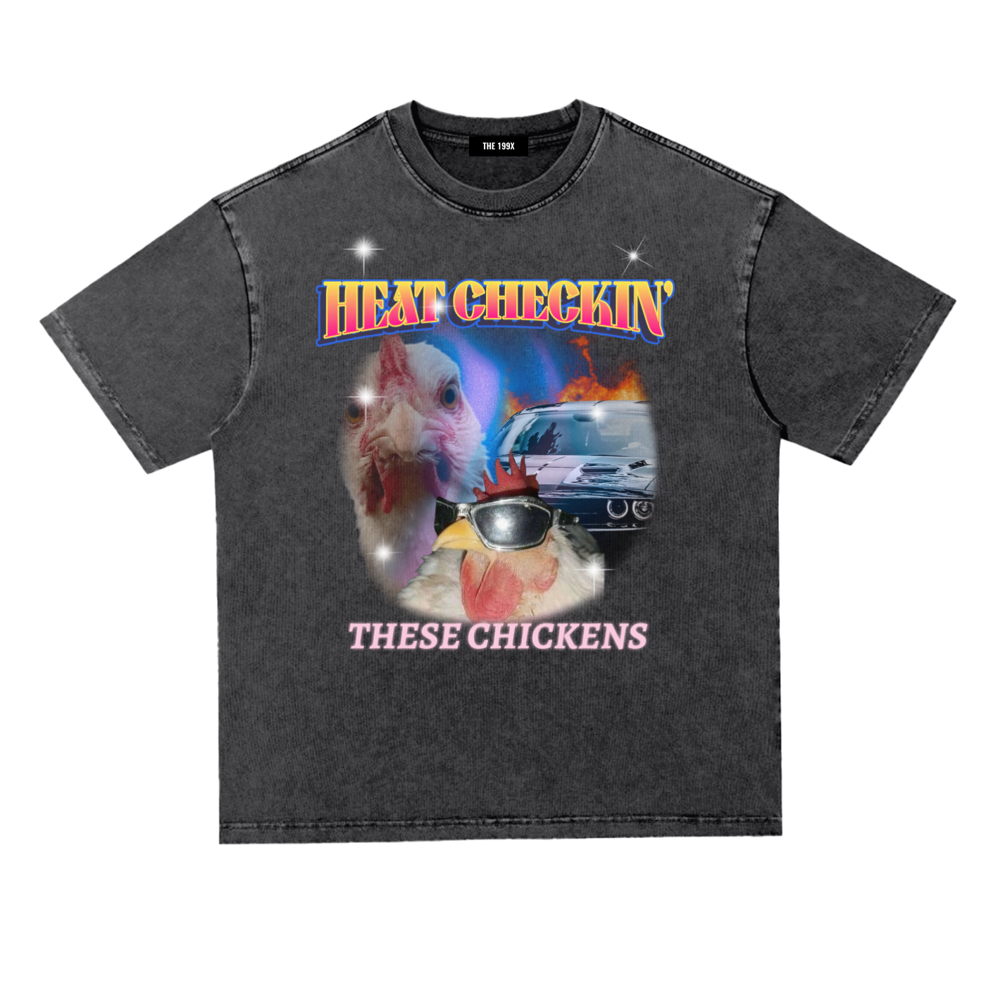 Snow washed heavyweight oversized t-shirt with Heat Checkin' These Chickens graphic by THE 199X
