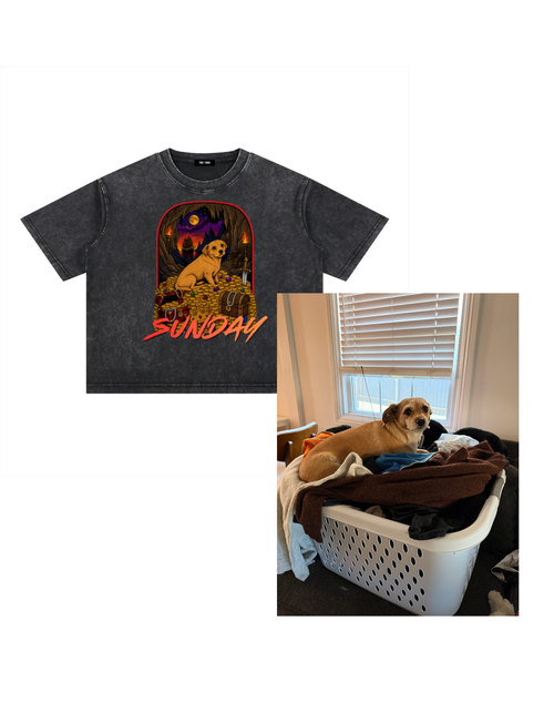 Dark gray t-shirt with graphic design and text, placed next to a dog in a laundry basket.